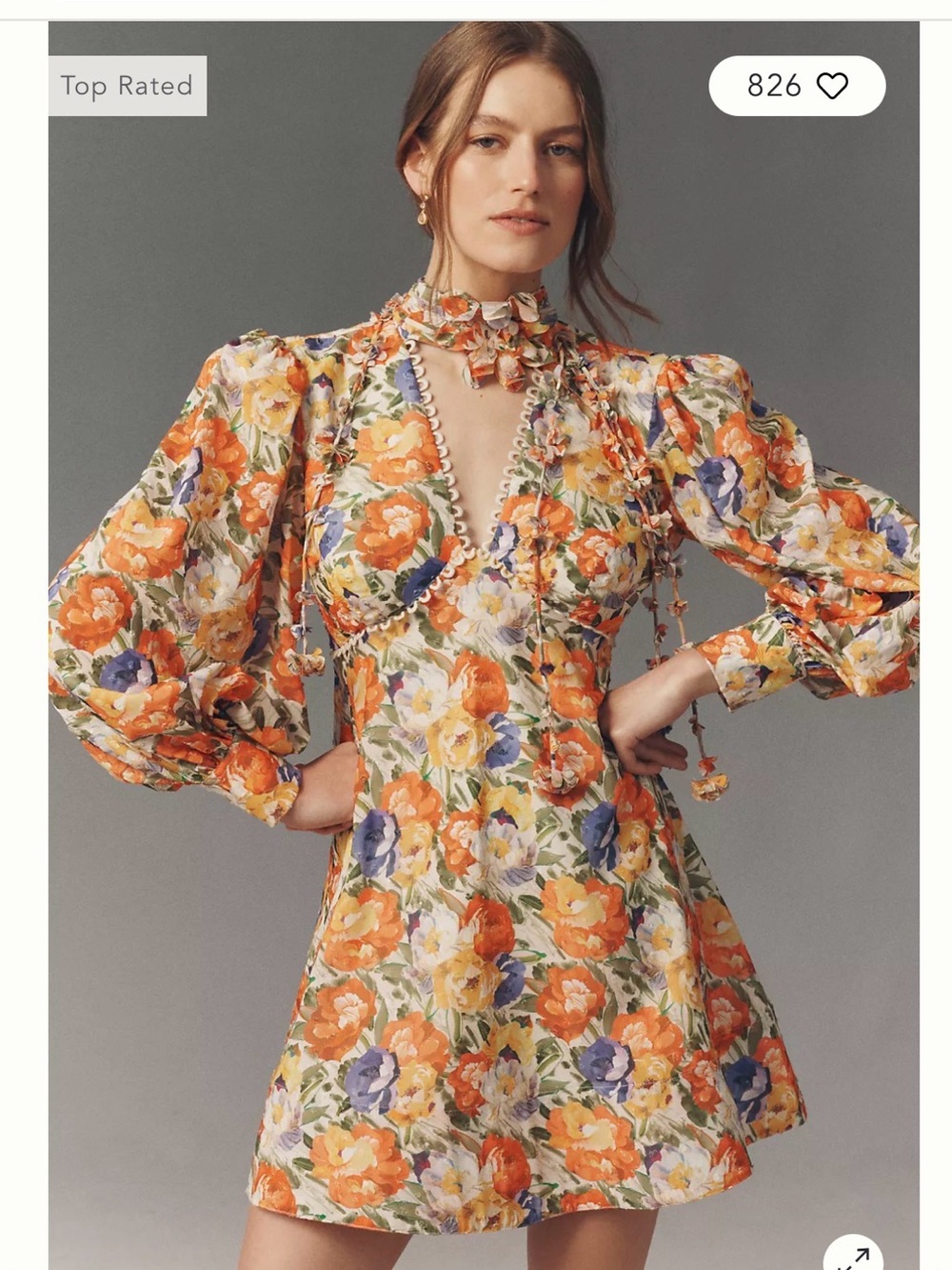 BHLDN Floral Puff-Sleeve Mini Dress in Orange and Purple